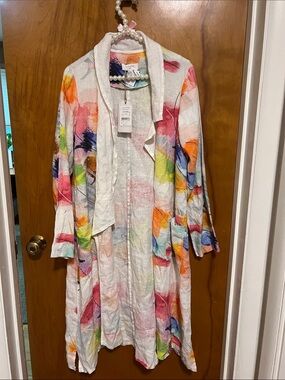 NWT Luukaa “Maya” Long Linen Multicolor Abstact Art Print Duster Jacket